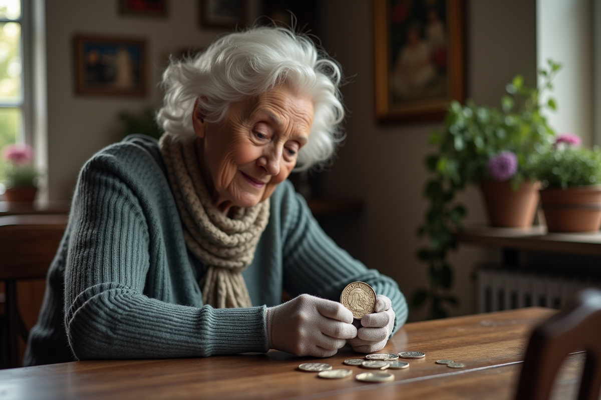 Collectionneuse âgée tient une pièce en argent dans ses mains