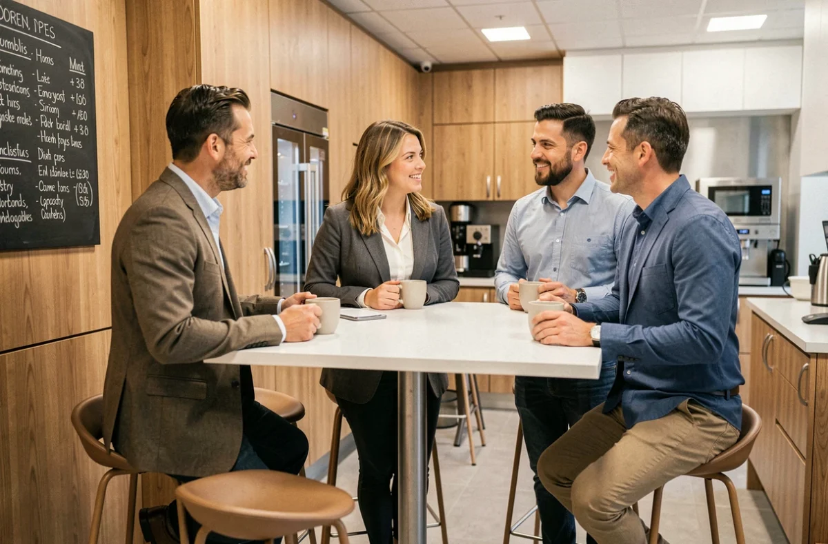 Collègues de la Société Générale discutant de leurs avantages et conditions de travail lors d'une pause café