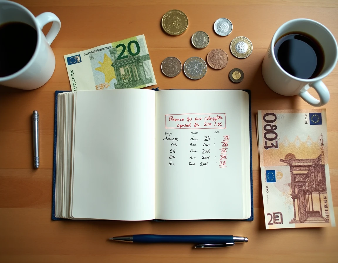 Vue du dessus de pièces en francs et billets en euros posés sur une table avec un carnet de conversion manuscrit et des erreurs de calcul
