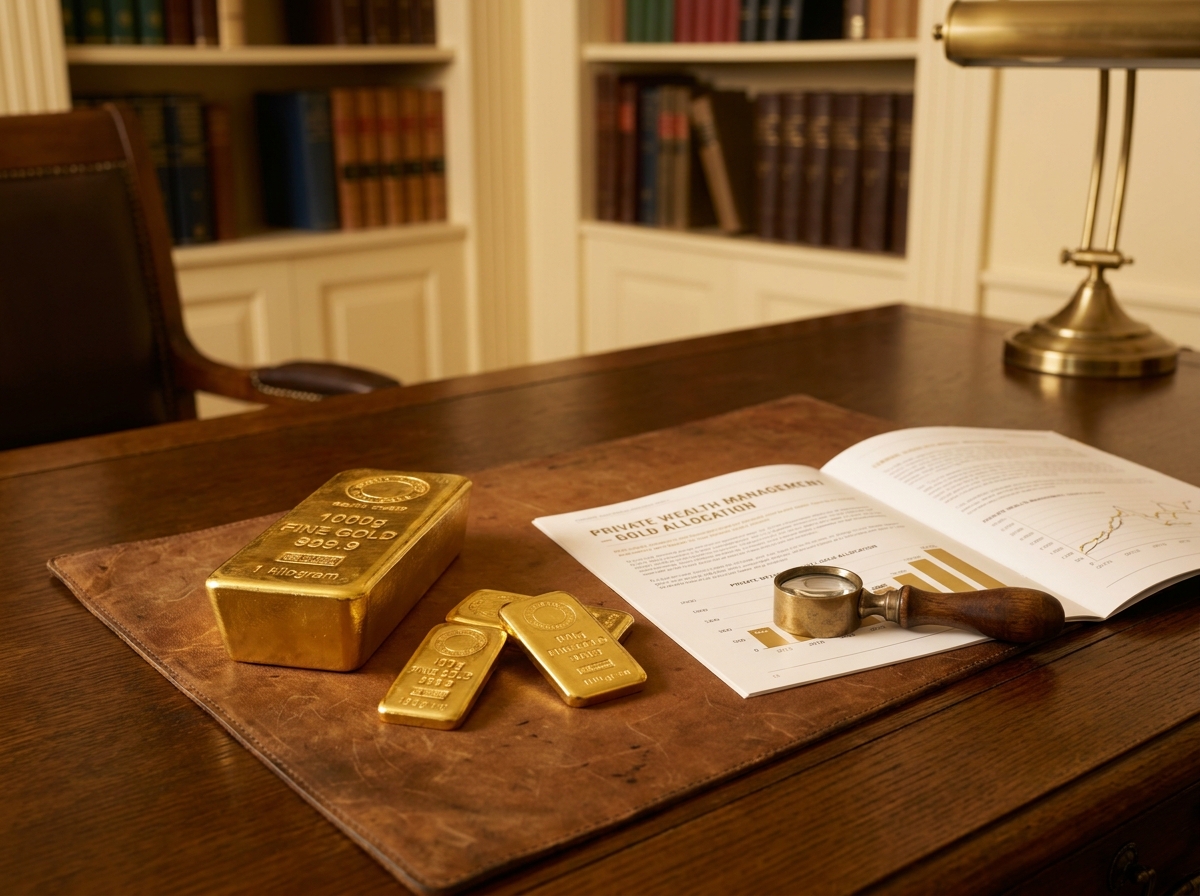 Comparaison entre une grosse barre d'or d'un kilogramme et plusieurs lingotins de 100 grammes sur un bureau de conseiller en investissement