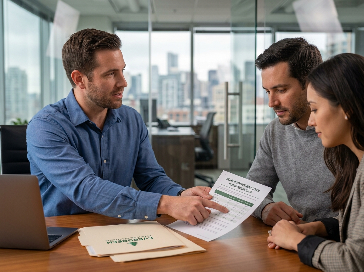 Courtier en crédit travaux présentant un comparatif de financement à un couple dans un bureau professionnel