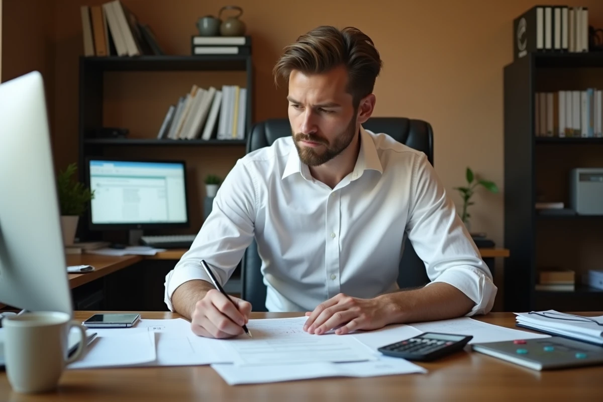 Comptable pointant une ligne de prime PPV imposable sur un bulletin de salaire avec calculatrice