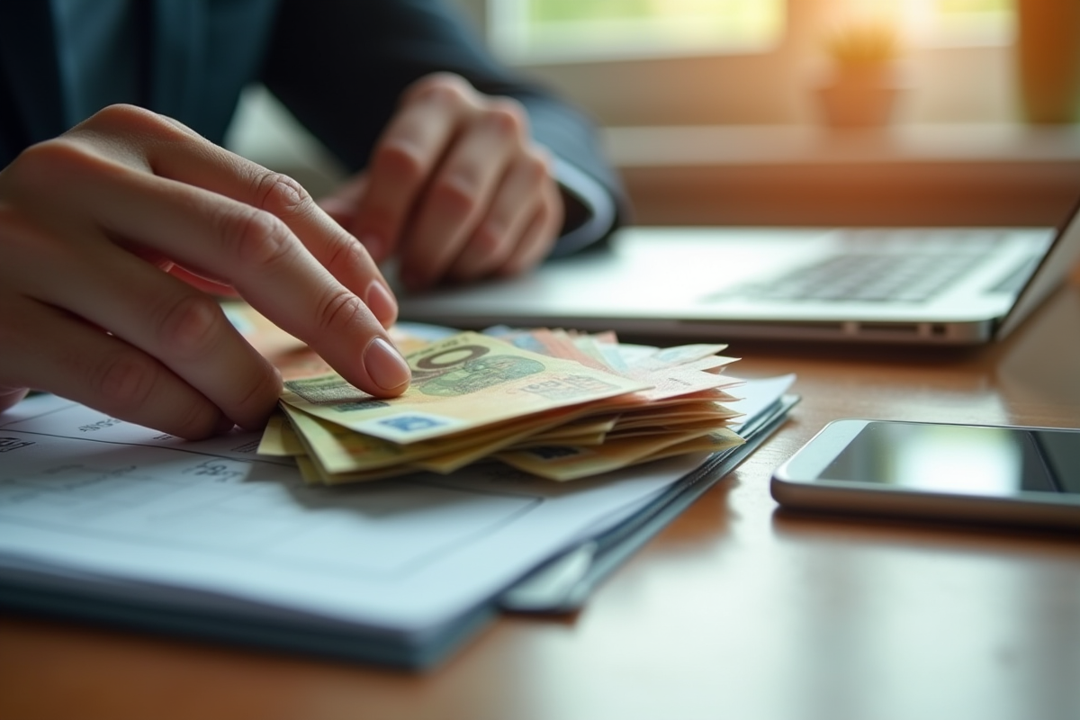 Mains comptant des euros avec rapports financiers et smartphone
