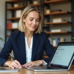 Femme connectée à son espace client LCL sur un ordinateur portable dans un bureau à domicile
