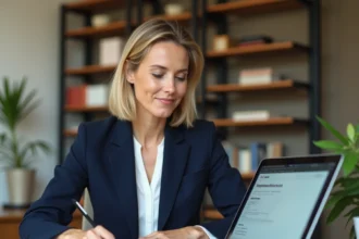 Femme connectée à son espace client LCL sur un ordinateur portable dans un bureau à domicile