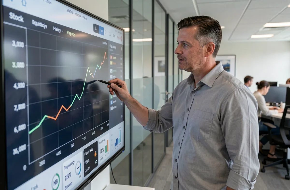 Conseiller financier présentant une comparaison d'actions boursières sur grand écran tactile