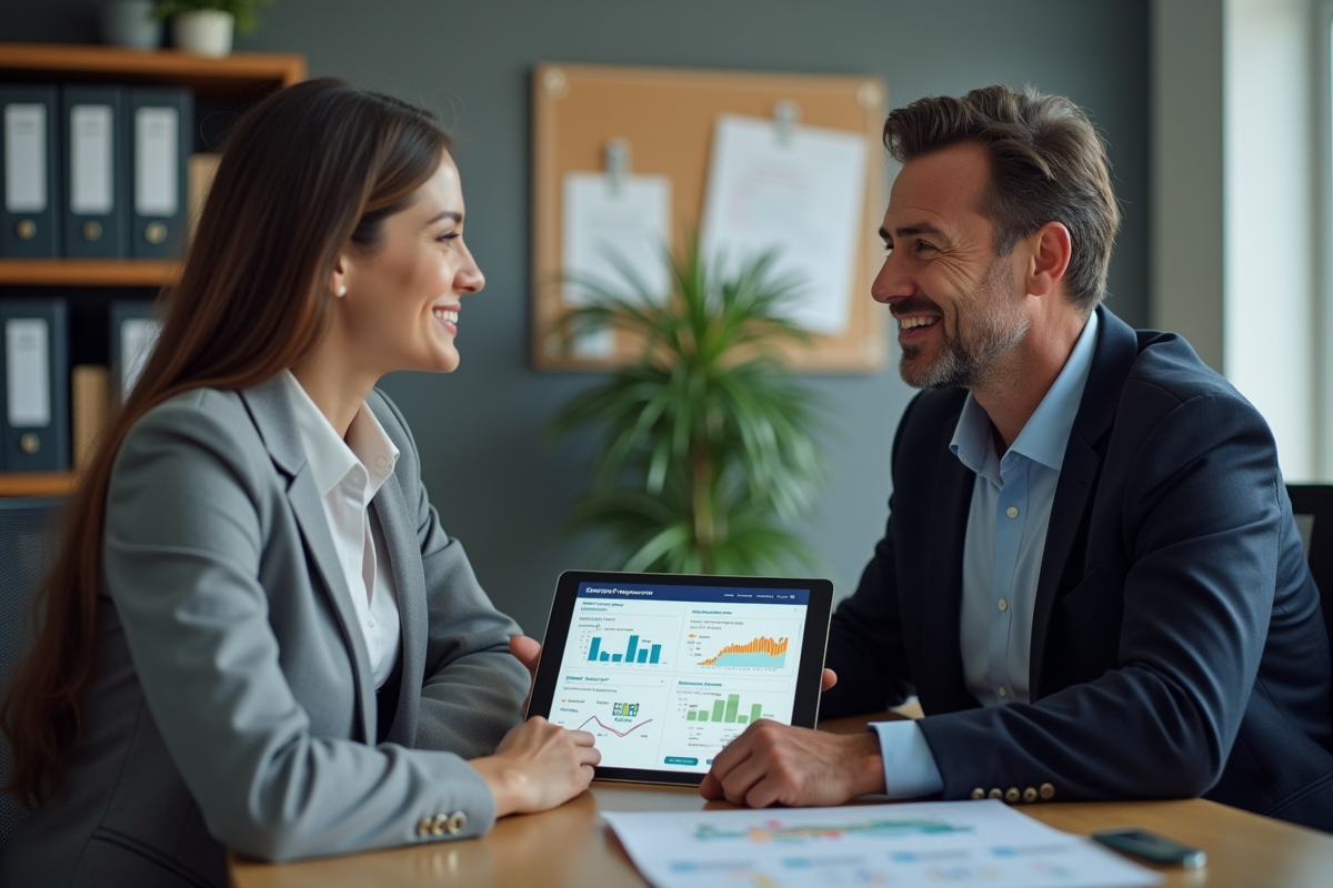 Conseiller financier montrant des options de taux hypothécaires à une cliente dans un bureau