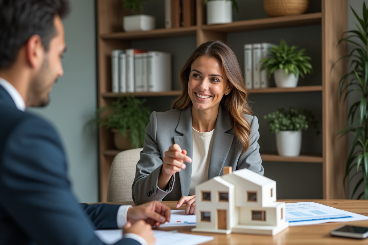 Conseillère en prêt immobilier montrant un modèle de maison et un graphique