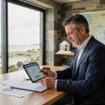 Conseiller en investissement locatif dans le Finistère analysant des documents immobiliers dans un bureau moderne avec vue sur la côte bretonne