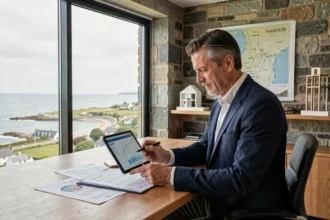 Conseiller en investissement locatif dans le Finistère analysant des documents immobiliers dans un bureau moderne avec vue sur la côte bretonne