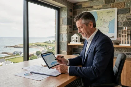 Conseiller en investissement locatif dans le Finistère analysant des documents immobiliers dans un bureau moderne avec vue sur la côte bretonne