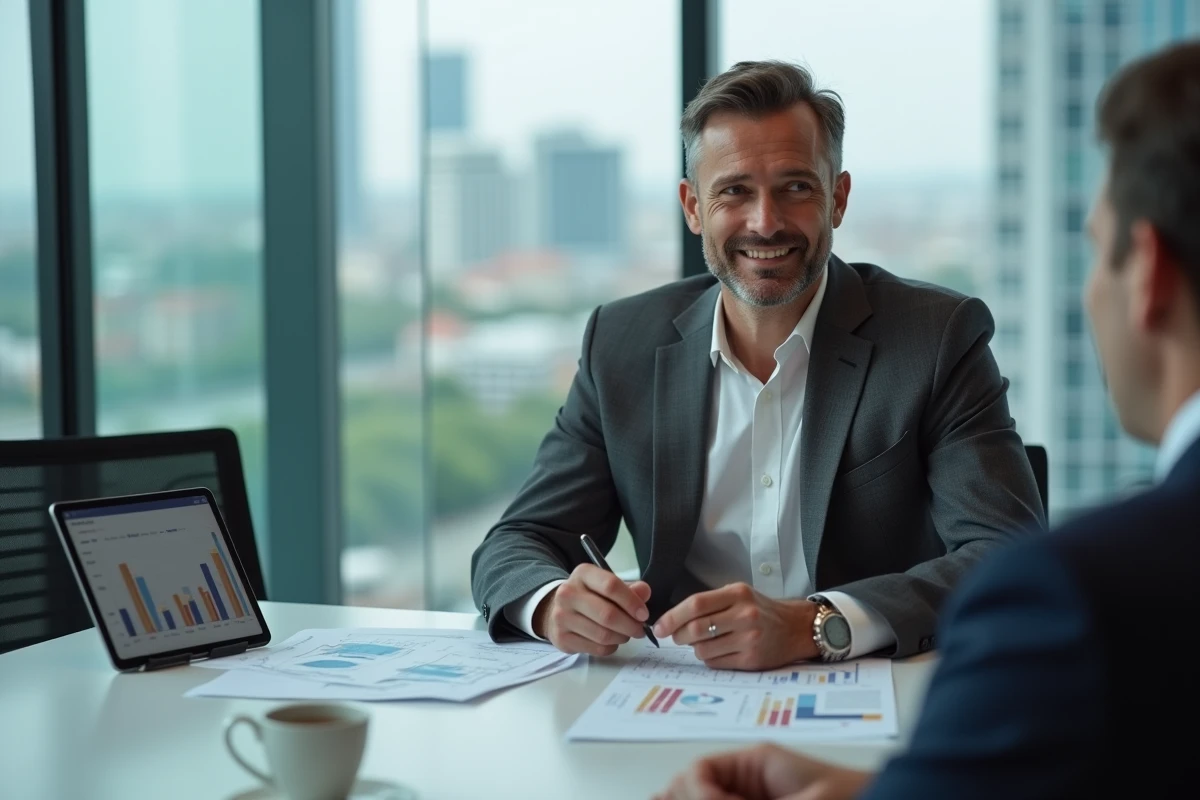 Conseiller financier présentant une stratégie d'investissement immobilier locatif à un client en salle de réunion