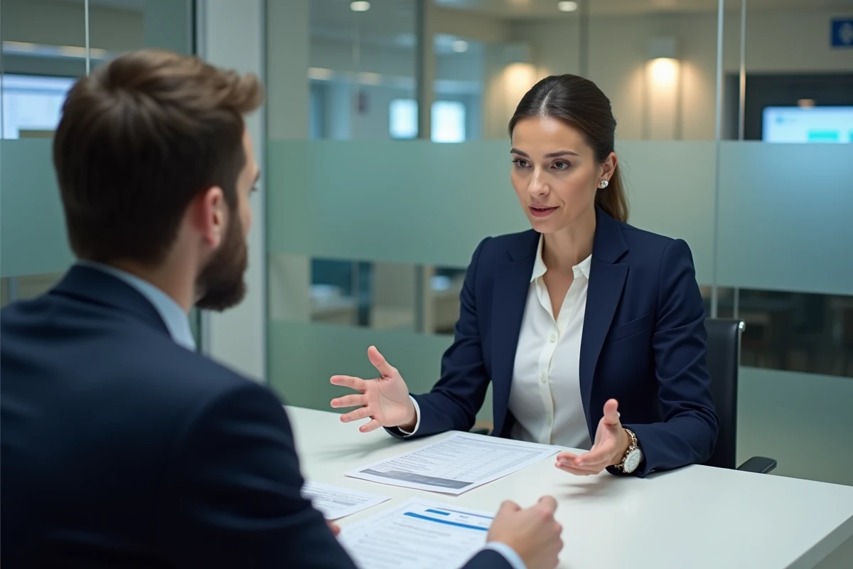 Conseillère bancaire présentant des documents financiers à un client en agence