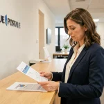 Conseillère bancaire La Banque Postale consultant des documents financiers au guichet d'une agence postale moderne