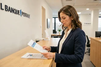 Conseillère bancaire La Banque Postale consultant des documents financiers au guichet d'une agence postale moderne