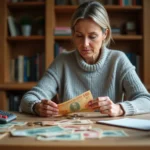 Femme examinant d'anciens billets en francs français et des pièces en euros sur un bureau en bois pour effectuer une conversion monétaire