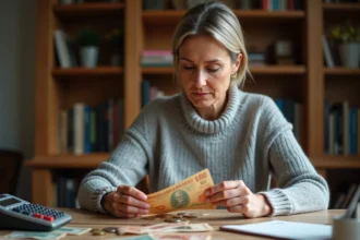 Femme examinant d'anciens billets en francs français et des pièces en euros sur un bureau en bois pour effectuer une conversion monétaire