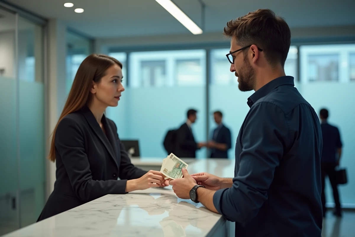 Un homme remettant d'anciens billets en francs à un guichetier de banque lors d'une conversion en euros