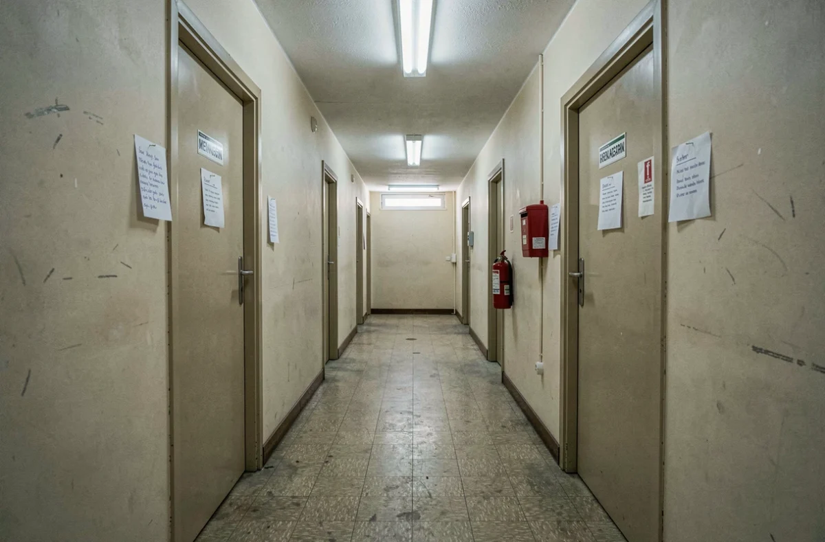 Couloir d'immeuble HLM avec deux portes d'appartement illustrant des foyers aux situations APL différentes