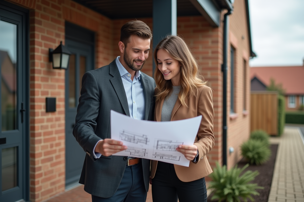 Jeune couple regardant des plans de maison dans un quartier résidentiel