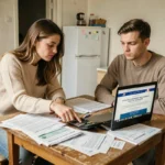 Couple étudiant des documents APL et calculs d'aides au logement sur une table de cuisine modeste