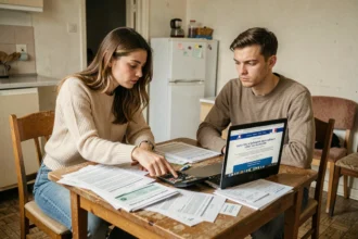 Couple étudiant des documents APL et calculs d'aides au logement sur une table de cuisine modeste