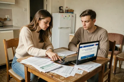 Couple étudiant des documents APL et calculs d'aides au logement sur une table de cuisine modeste