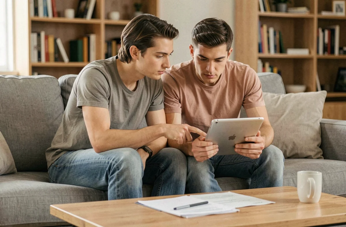 Couple comparant des offres d'assurance responsabilité civile en ligne depuis leur salon