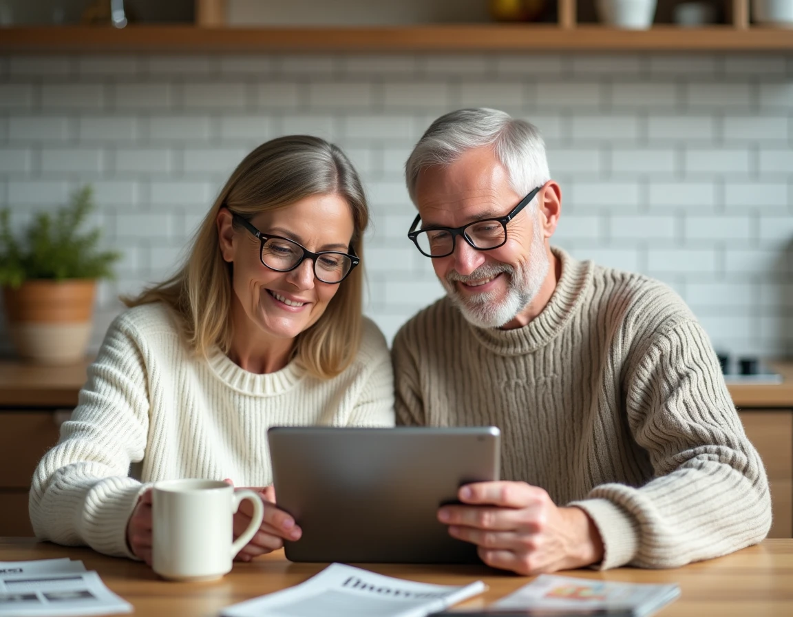 Couple senior consultant leur espace client LCL sur une tablette numérique dans une cuisine moderne