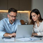 Couple concentré sur un ordinateur dans une cuisine moderne