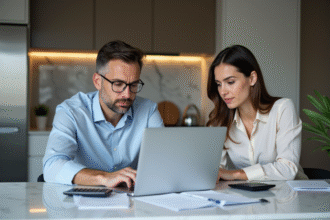 Couple concentré sur un ordinateur dans une cuisine moderne