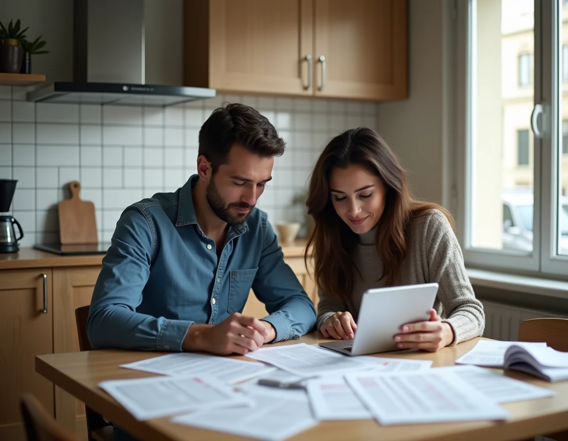 Couple étudiant les documents de prêt immobilier liés au Livret d'Épargne Logement dans leur appartement