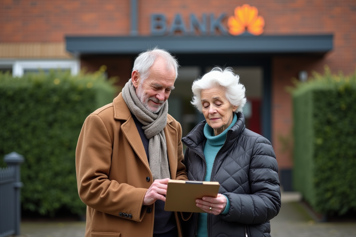 Couple âgé discutant devant une agence bancaire