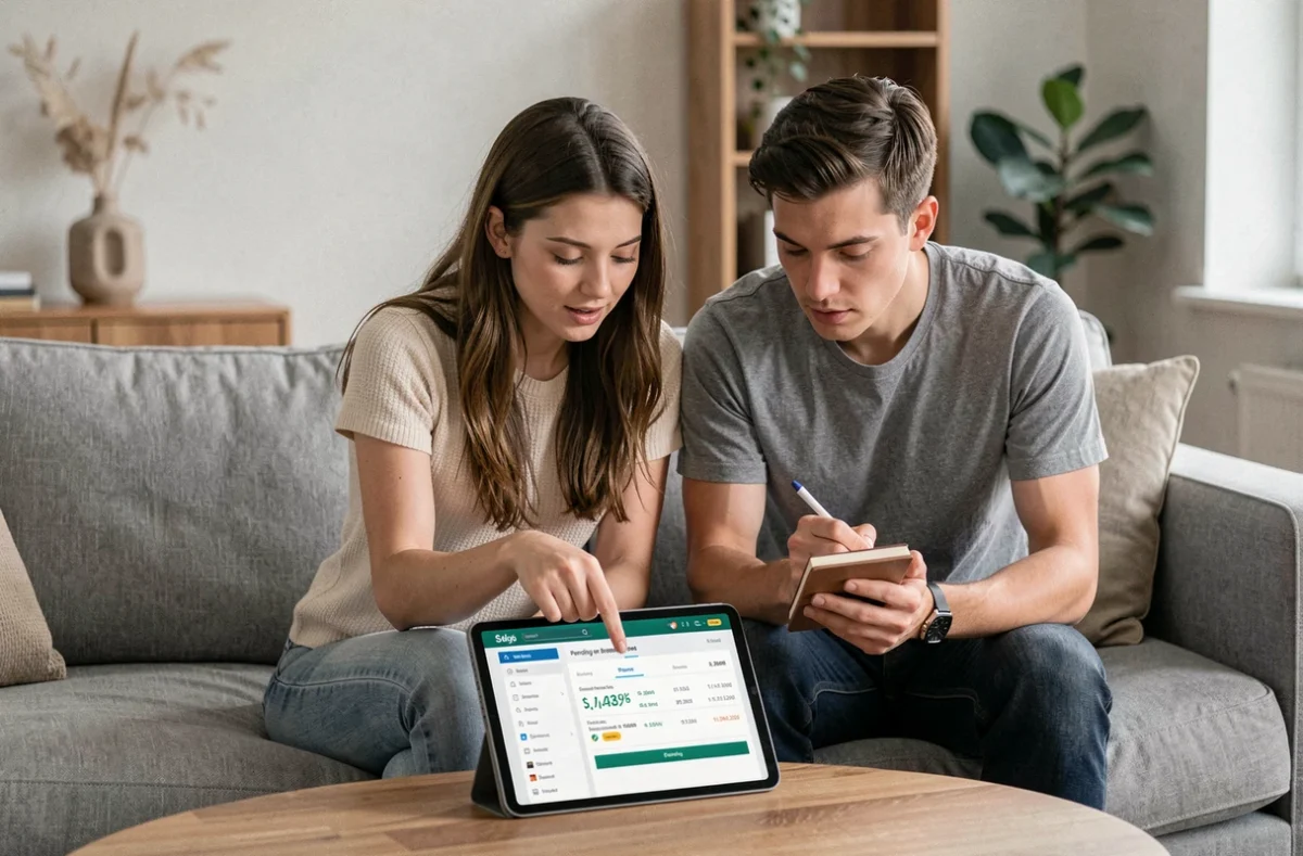 Couple gérant ensemble leurs virements et le suivi de leur compte bancaire en ligne sur une tablette dans le salon