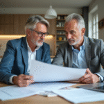 Couple d'adultes examinant des documents immobiliers dans la cuisine