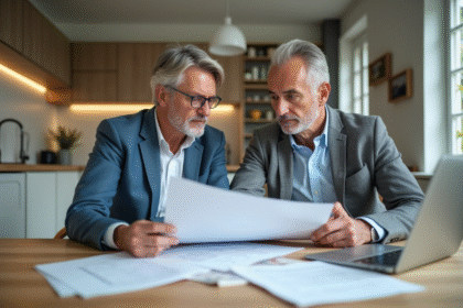 Couple d'adultes examinant des documents immobiliers dans la cuisine