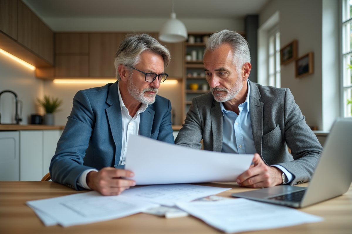 Couple d'adultes examinant des documents immobiliers dans la cuisine