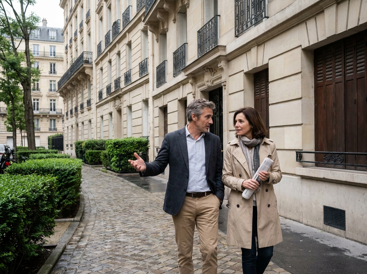 Couple discutant d investissement immobilier dans une rue parisienne