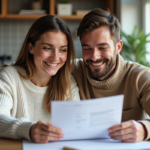 Jeune couple lisant des documents dans la cuisine lumineuse