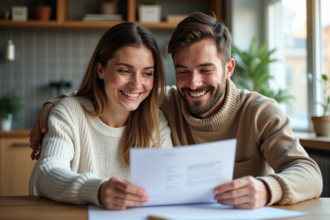 Jeune couple lisant des documents dans la cuisine lumineuse