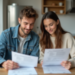 Jeune couple lisant des documents de prêt immobilier dans une cuisine lumineuse
