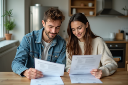 Jeune couple lisant des documents de prêt immobilier dans une cuisine lumineuse