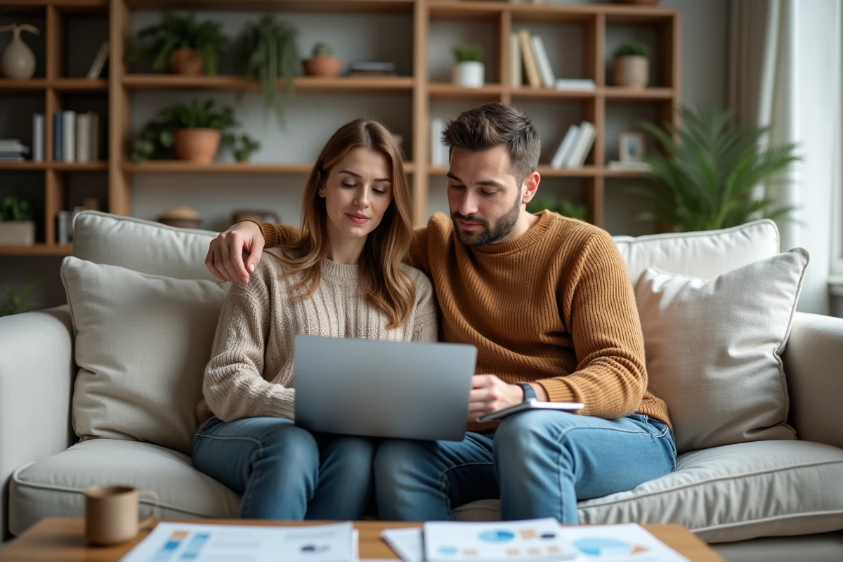 Couple planifiant ensemble leur stratégie d'épargne et d'investissement sur ordinateur portable, représentant la diversification financière et le livret A