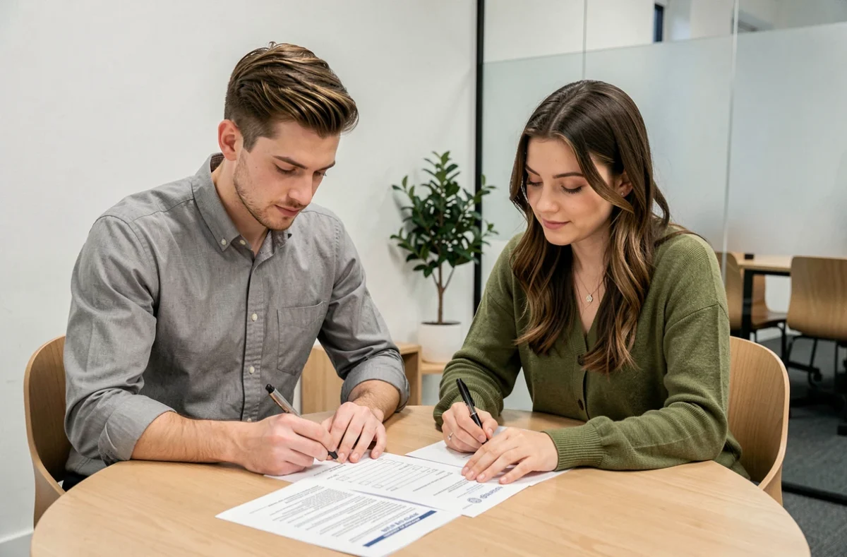 Couple de jeunes adultes préparant leurs documents avant un rendez-vous chez le notaire