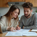 Couple en train d'étudier des documents administratifs sur la prime d'activité à leur table de cuisine