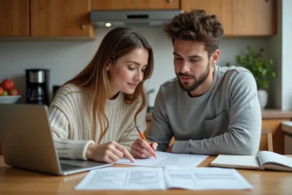 Couple en train d'étudier des documents administratifs sur la prime d'activité à leur table de cuisine