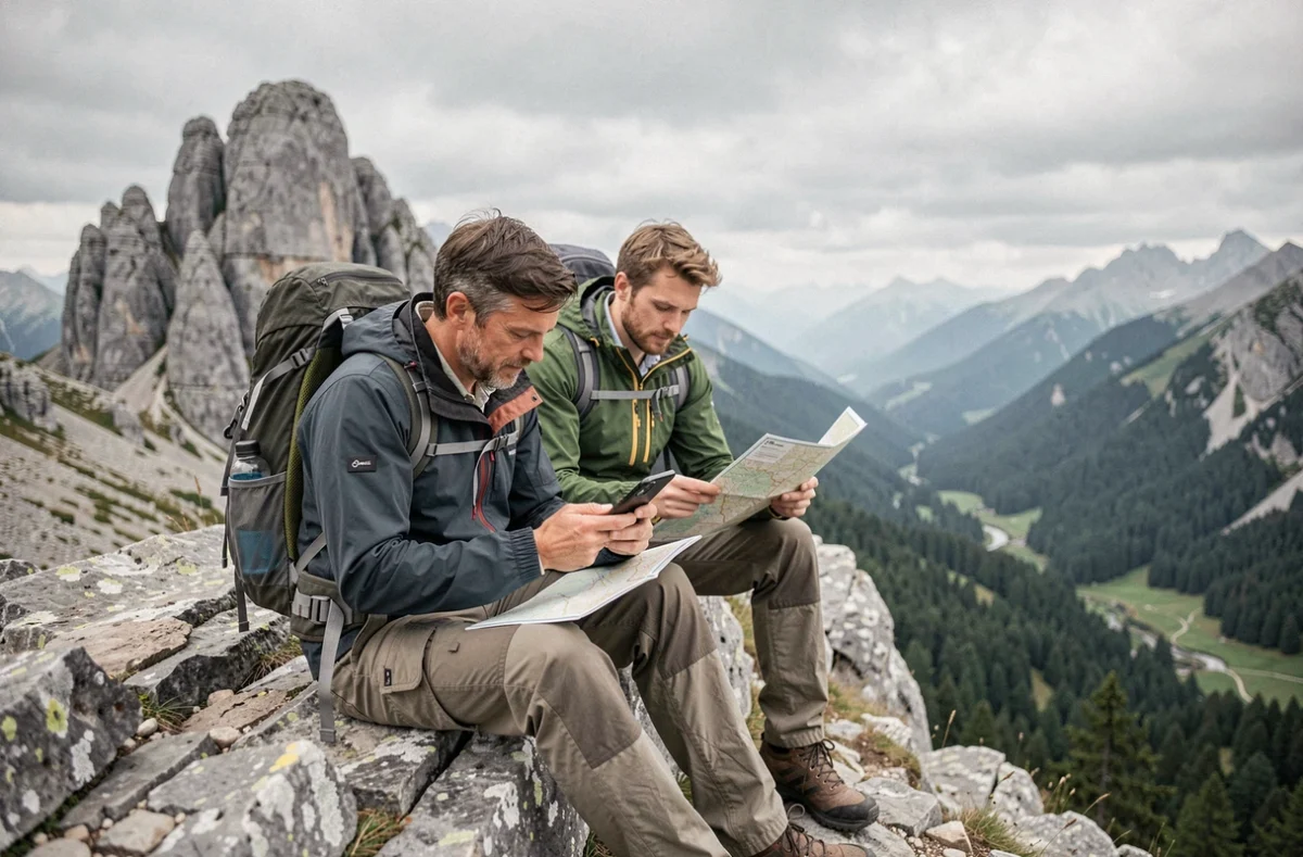 Couple de randonneurs vérifiant leur assurance voyage Visa Infinite sur smartphone en montagne