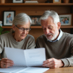 Couple d'âge moyen révisant des documents financiers à la maison