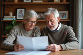 Couple d'âge moyen révisant des documents financiers à la maison