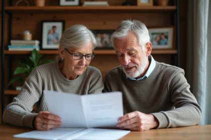 Couple d'âge moyen révisant des documents financiers à la maison